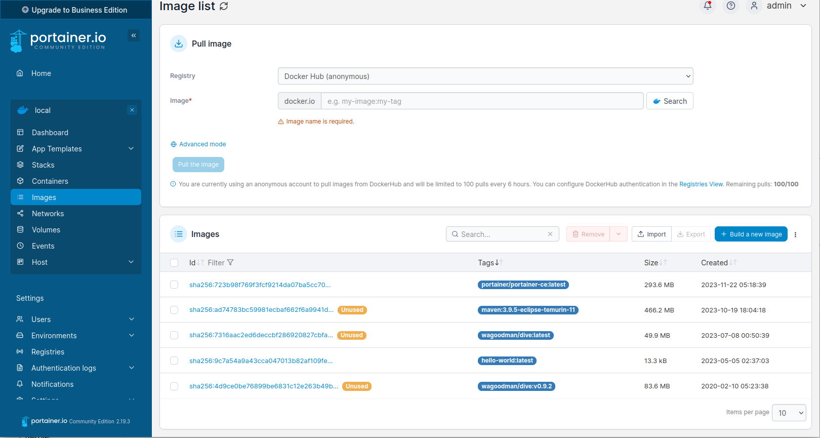 Screenshot of portainer with an overview of the available docker images on our local system