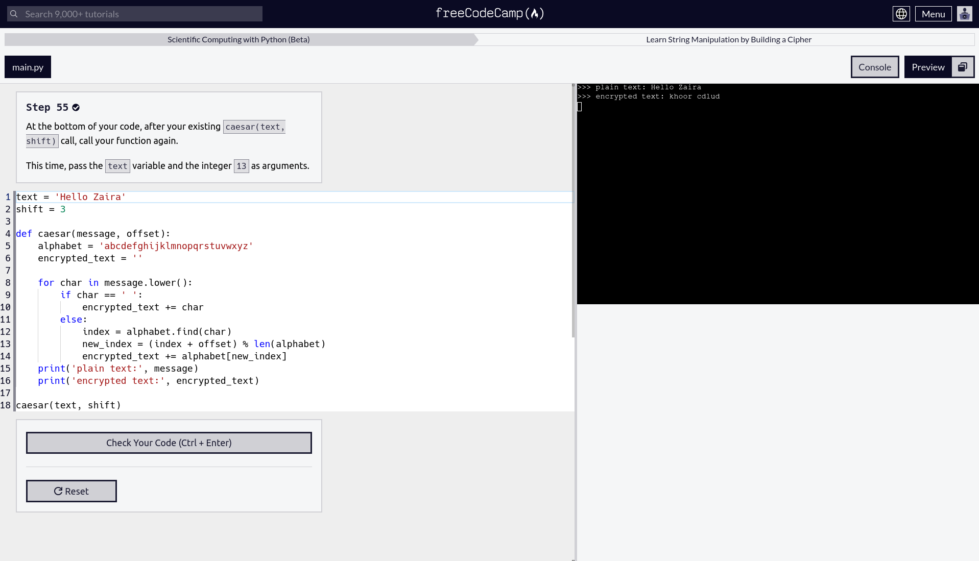 UI for the interactive course. Exercise/task and code editor ar on the left. On the right, output of the program is shown in a terminal.