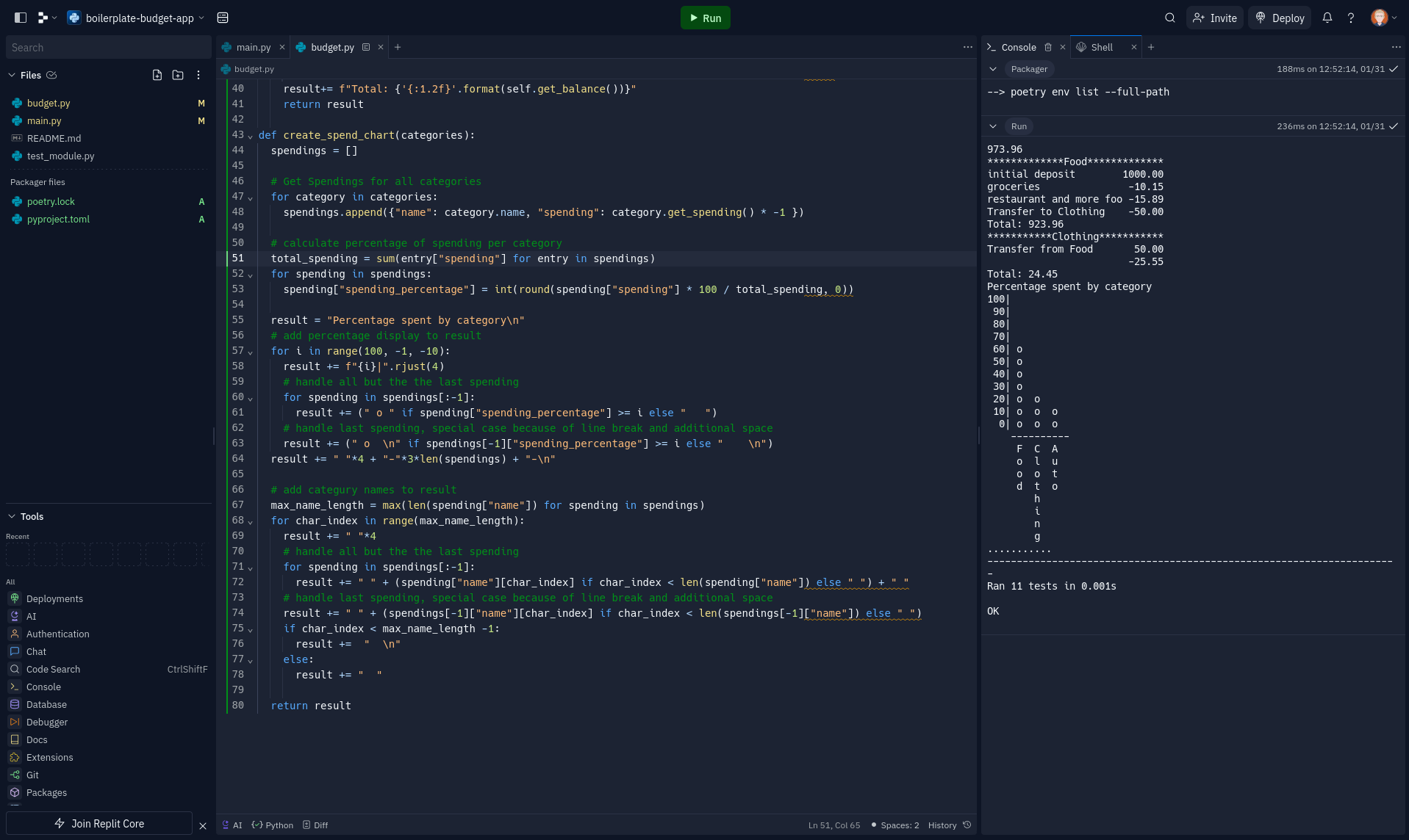 replit ide for project implementation. Existing files are shown on the left, code editor in the center and a terminal with the program output on the right. At the op is a run button to execute the programm